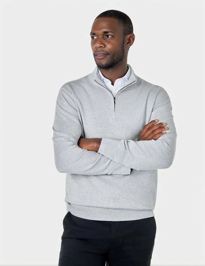 Mens Grey Merino Zip Neck Jumper