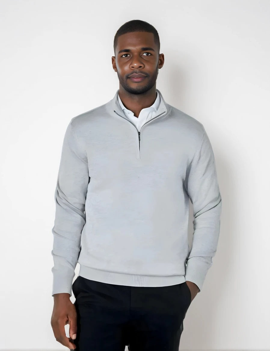 Mens Grey Merino Zip Neck Jumper