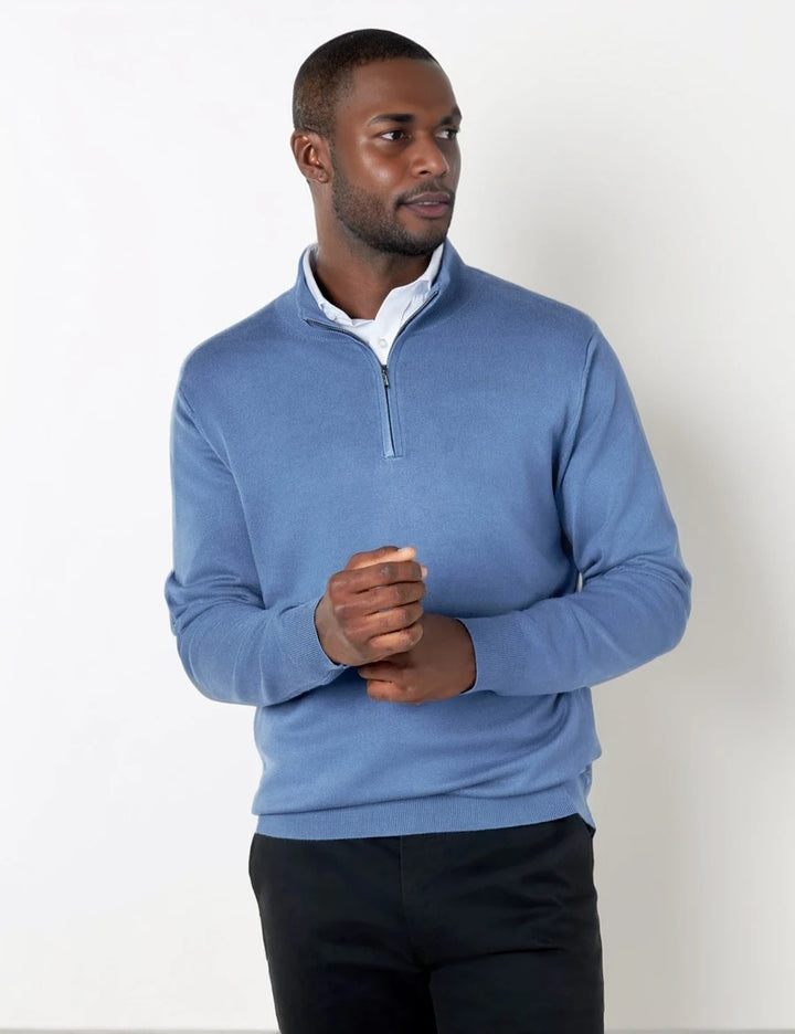 Mens Blue Merino Zip Neck Jumper