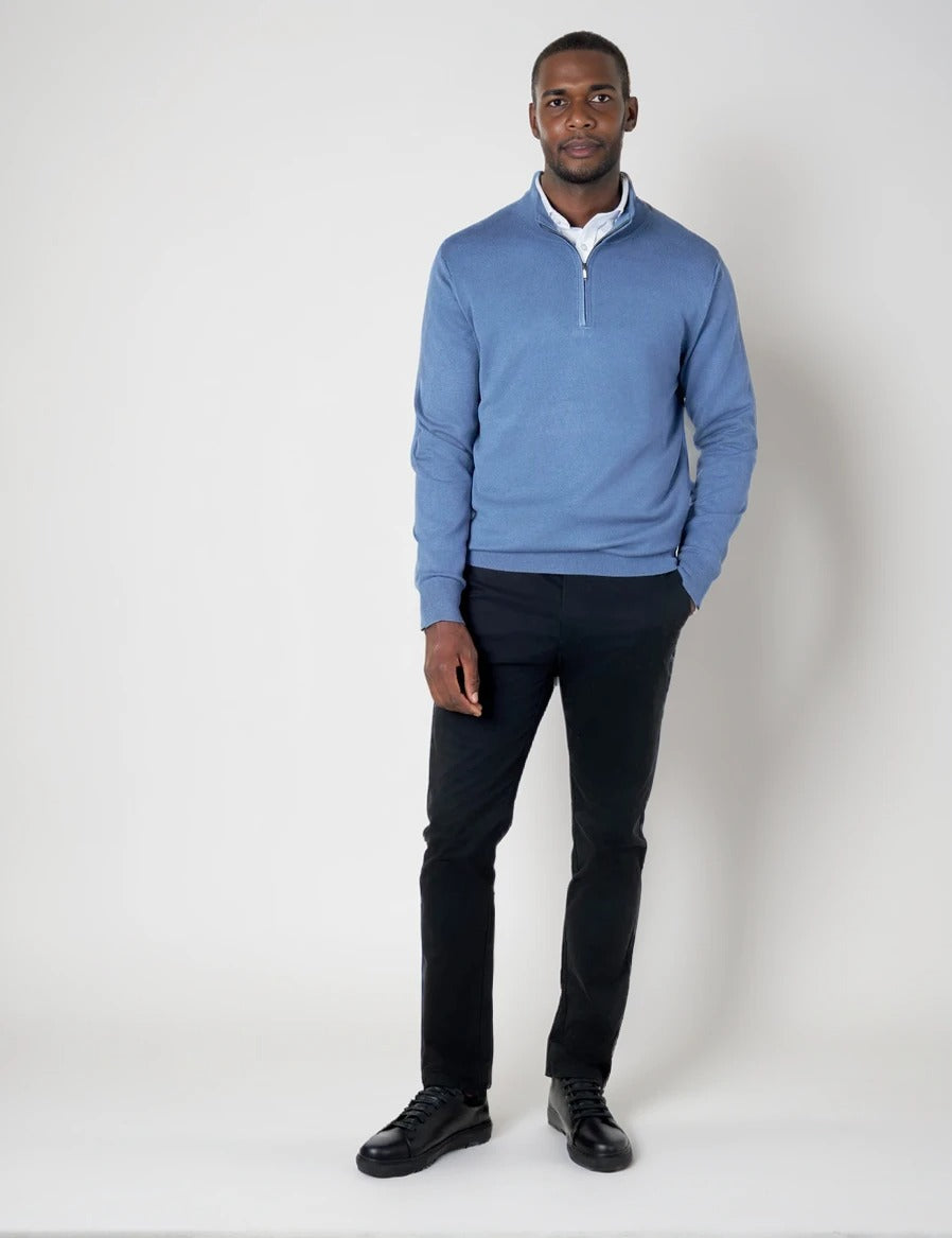 Mens Blue Merino Zip Neck Jumper