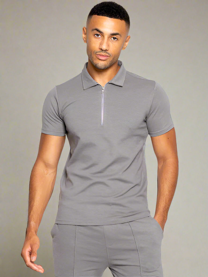 Men's Merino Zip Neck Polo T-Shirt In Grey