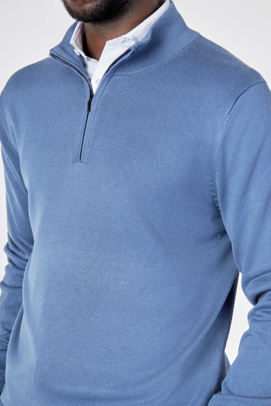 Mens Blue Merino Zip Neck Jumper