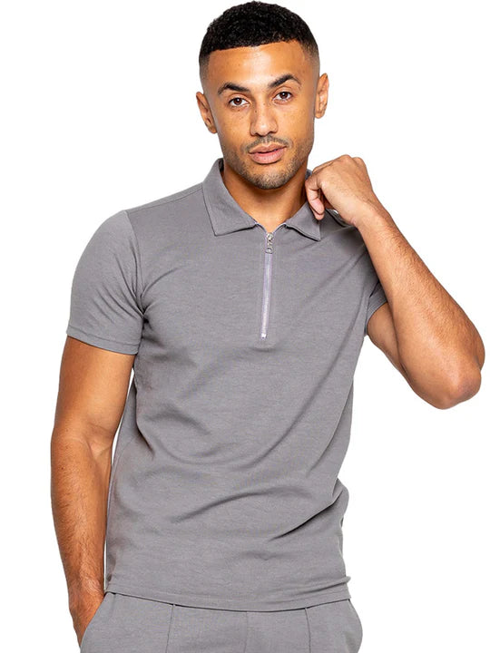 Men's Merino Zip Neck Polo T-Shirt In Grey