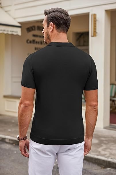 Men's Merino Muscle Fit Knitted Polo T-Shirt In Black