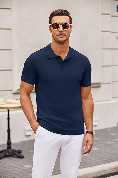 Men's Merino Muscle Fit Knitted Polo T-Shirt In Navy