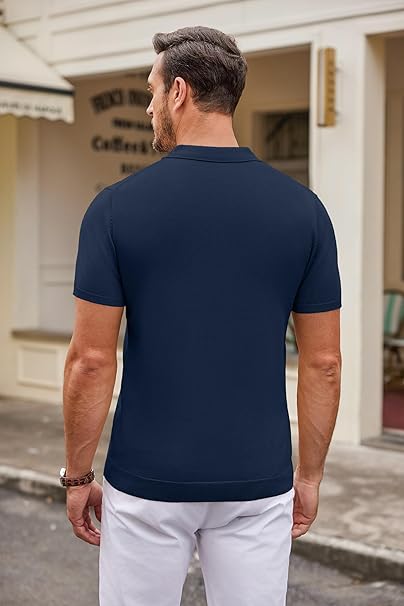 Men's Merino Muscle Fit Knitted Polo T-Shirt In Navy