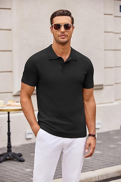 Men's Merino Muscle Fit Knitted Polo T-Shirt In Black