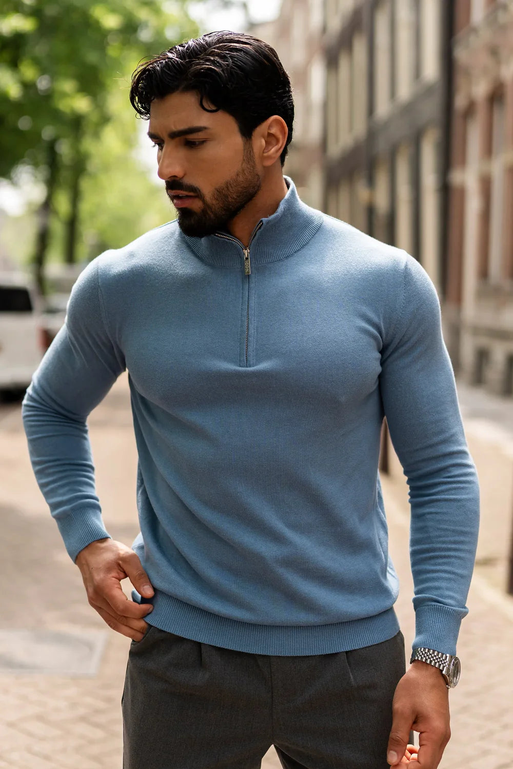 Mens Blue Merino Zip Neck Jumper