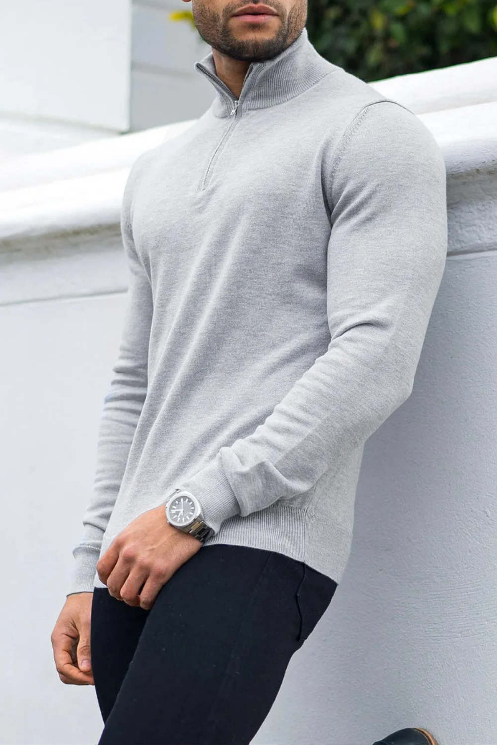 Mens Grey Merino Zip Neck Jumper