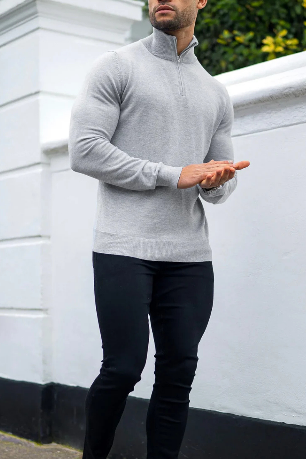 Mens Grey Merino Zip Neck Jumper