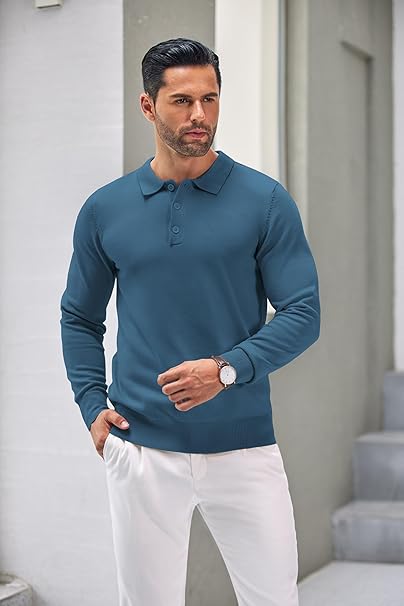 Mens Blue Long Sleeve Polo Jumper - Urban Londonn Ltd