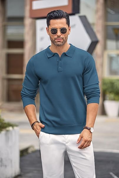 Mens Blue Long Sleeve Polo Jumper - Urban Londonn Ltd