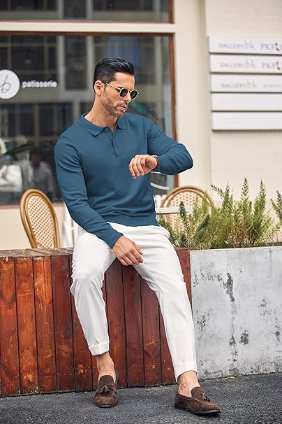 Mens Blue Long Sleeve Polo Jumper - Urban Londonn Ltd