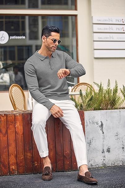 Mens Grey Long Sleeve Polo Jumper - Urban Londonn Ltd