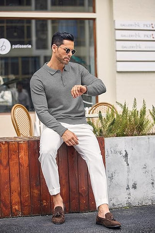 Mens Grey Long Sleeve Polo Jumper - Urban Londonn Ltd