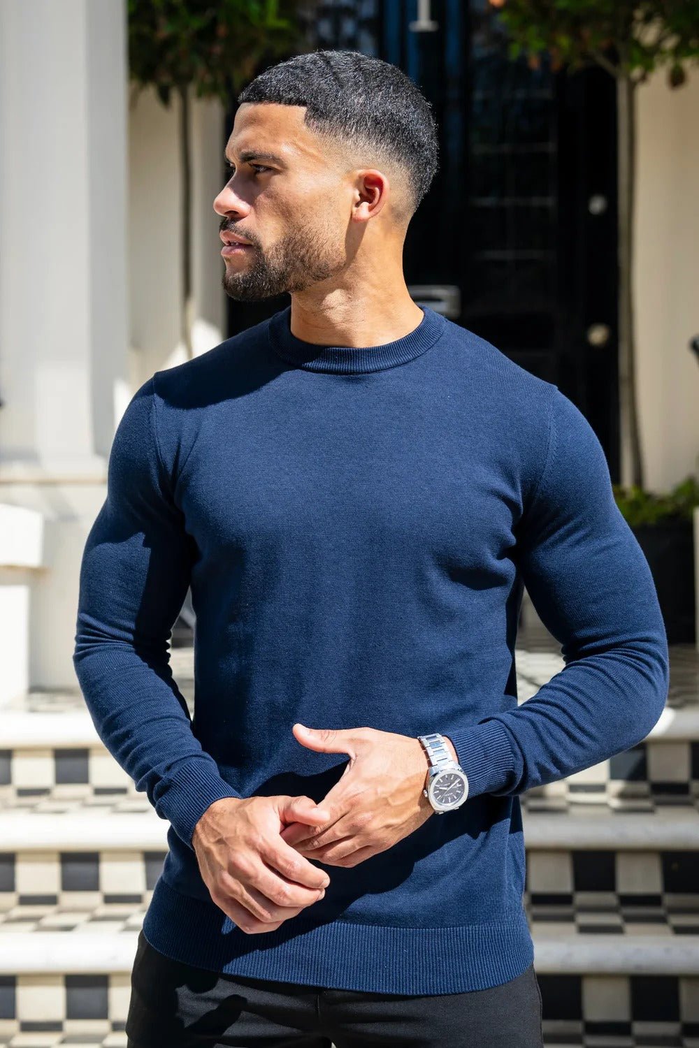 Men's Navy Crew Neck Knit Sweater - Urban Londonn Ltd